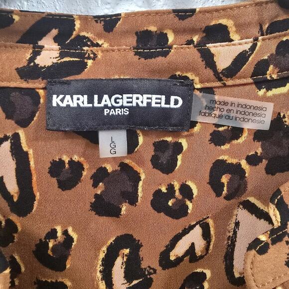 Karl Lagerfeld Leopard Heart Print Blouse Brown Size L Long Sleeve Smocked - Picture 4 of 13